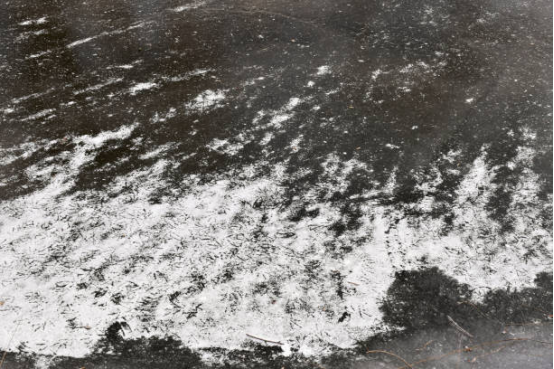 Garage floor covered in snow and salt showing coating protection.