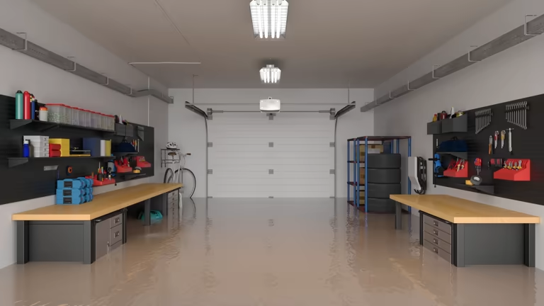 Clean, organized garage with workbenches; ideal for a protective garage floor coating.