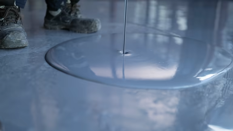 Thick grey liquid garage floor coating pouring onto a surface, creating a smooth, even layer.