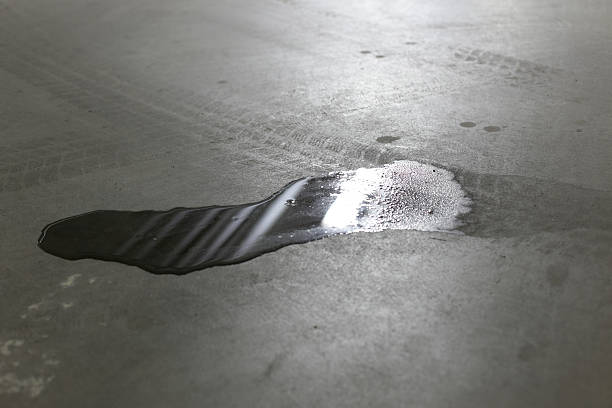 Water puddle and dirt on unprotected concrete, showing need for garage floor coating.