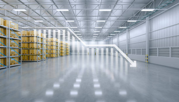 Large warehouse floor with boxes and a trend arrow, suitable for robust garage floor coating.