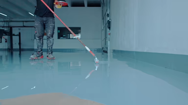 Worker rolling out a light blue epoxy garage floor coating in a commercial space.